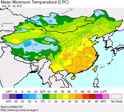 China, Mongolia and Taiwan Mean Minimum Temperature (CPC) Thematic Map For 9/20/2021 - 9/26/2021