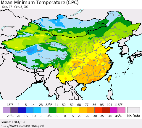 China, Mongolia and Taiwan Mean Minimum Temperature (CPC) Thematic Map For 9/27/2021 - 10/3/2021