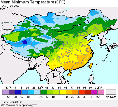 China, Mongolia and Taiwan Mean Minimum Temperature (CPC) Thematic Map For 10/4/2021 - 10/10/2021