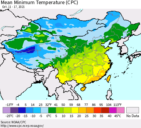 China, Mongolia and Taiwan Mean Minimum Temperature (CPC) Thematic Map For 10/11/2021 - 10/17/2021