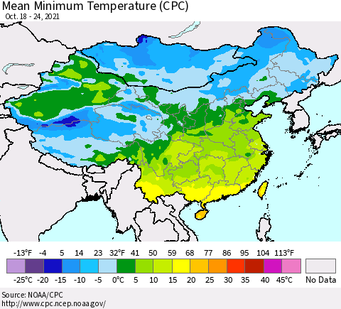 China, Mongolia and Taiwan Mean Minimum Temperature (CPC) Thematic Map For 10/18/2021 - 10/24/2021