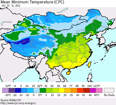 China, Mongolia and Taiwan Mean Minimum Temperature (CPC) Thematic Map For 10/25/2021 - 10/31/2021