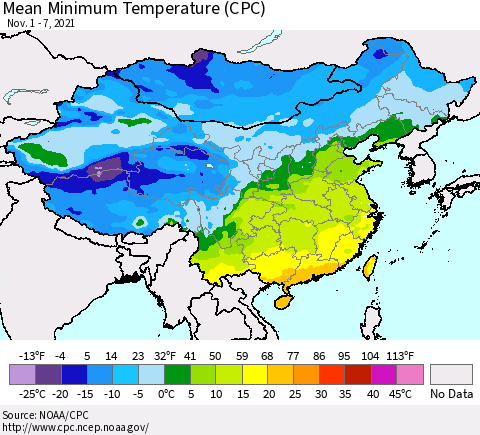 China, Mongolia and Taiwan Mean Minimum Temperature (CPC) Thematic Map For 11/1/2021 - 11/7/2021