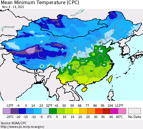 China, Mongolia and Taiwan Mean Minimum Temperature (CPC) Thematic Map For 11/8/2021 - 11/14/2021