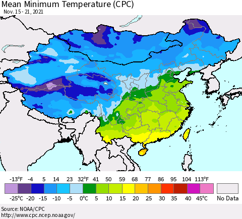 China, Mongolia and Taiwan Mean Minimum Temperature (CPC) Thematic Map For 11/15/2021 - 11/21/2021
