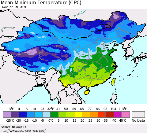 China, Mongolia and Taiwan Mean Minimum Temperature (CPC) Thematic Map For 11/22/2021 - 11/28/2021