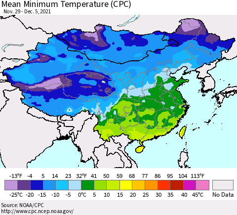 China, Mongolia and Taiwan Mean Minimum Temperature (CPC) Thematic Map For 11/29/2021 - 12/5/2021