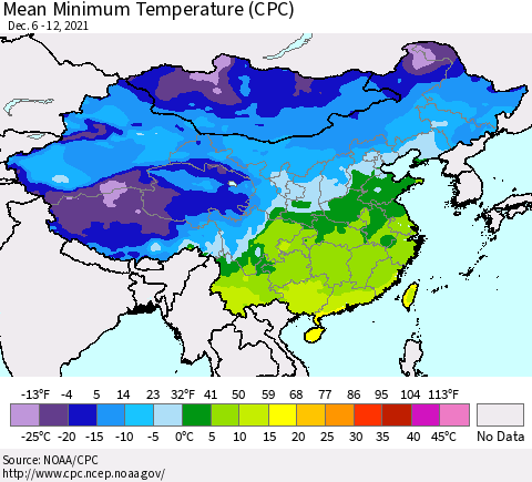 China, Mongolia and Taiwan Mean Minimum Temperature (CPC) Thematic Map For 12/6/2021 - 12/12/2021