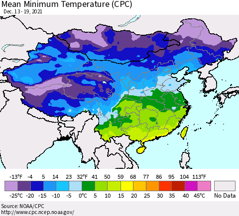 China, Mongolia and Taiwan Mean Minimum Temperature (CPC) Thematic Map For 12/13/2021 - 12/19/2021