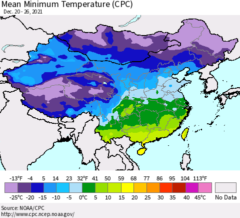 China, Mongolia and Taiwan Mean Minimum Temperature (CPC) Thematic Map For 12/20/2021 - 12/26/2021