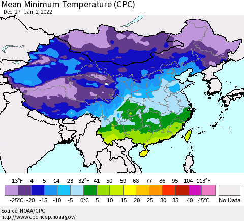 China, Mongolia and Taiwan Mean Minimum Temperature (CPC) Thematic Map For 12/27/2021 - 1/2/2022