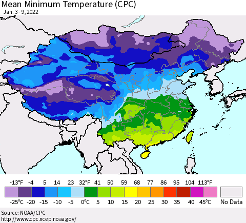 China, Mongolia and Taiwan Mean Minimum Temperature (CPC) Thematic Map For 1/3/2022 - 1/9/2022