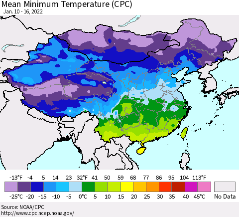 China, Mongolia and Taiwan Mean Minimum Temperature (CPC) Thematic Map For 1/10/2022 - 1/16/2022