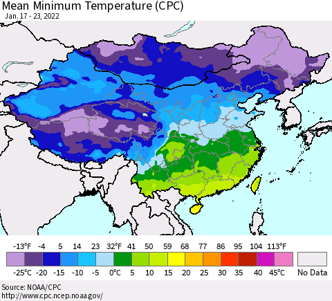 China, Mongolia and Taiwan Mean Minimum Temperature (CPC) Thematic Map For 1/17/2022 - 1/23/2022