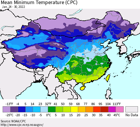 China, Mongolia and Taiwan Mean Minimum Temperature (CPC) Thematic Map For 1/24/2022 - 1/30/2022