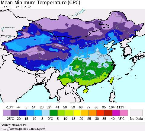 China, Mongolia and Taiwan Mean Minimum Temperature (CPC) Thematic Map For 1/31/2022 - 2/6/2022