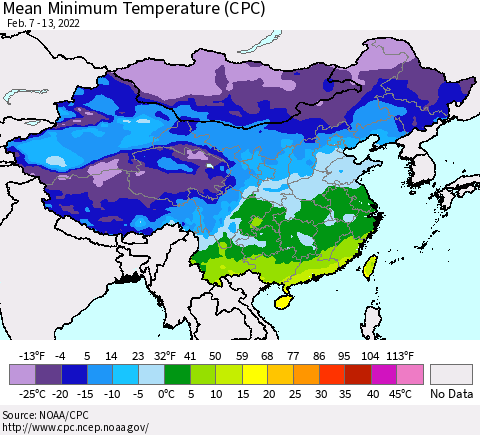 China, Mongolia and Taiwan Mean Minimum Temperature (CPC) Thematic Map For 2/7/2022 - 2/13/2022