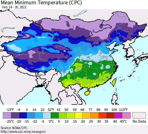China, Mongolia and Taiwan Mean Minimum Temperature (CPC) Thematic Map For 2/14/2022 - 2/20/2022