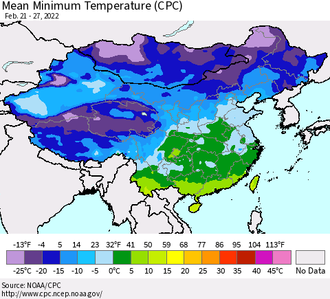China, Mongolia and Taiwan Mean Minimum Temperature (CPC) Thematic Map For 2/21/2022 - 2/27/2022