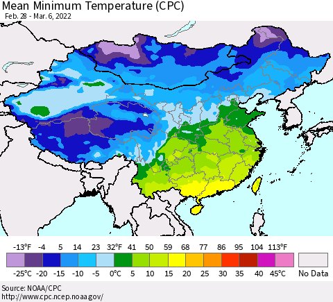 China, Mongolia and Taiwan Mean Minimum Temperature (CPC) Thematic Map For 2/28/2022 - 3/6/2022