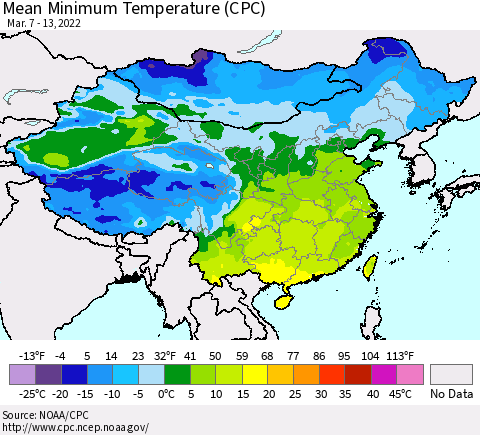 China, Mongolia and Taiwan Mean Minimum Temperature (CPC) Thematic Map For 3/7/2022 - 3/13/2022