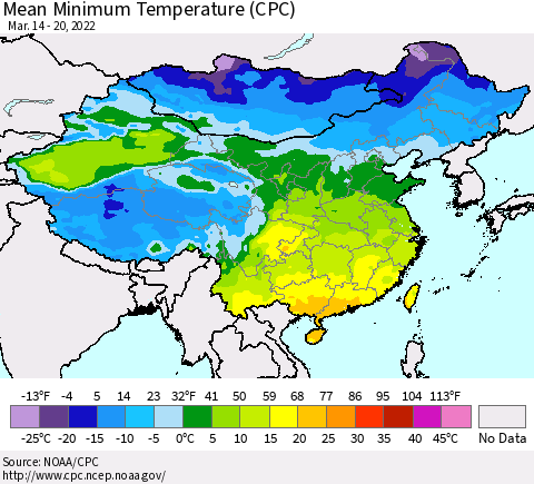 China, Mongolia and Taiwan Mean Minimum Temperature (CPC) Thematic Map For 3/14/2022 - 3/20/2022