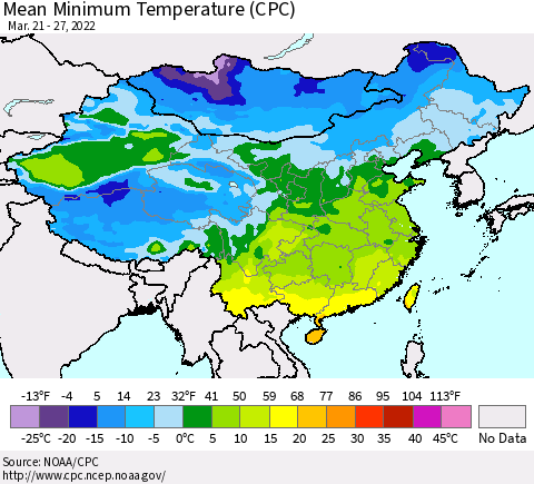 China, Mongolia and Taiwan Mean Minimum Temperature (CPC) Thematic Map For 3/21/2022 - 3/27/2022