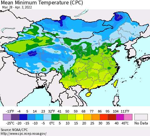 China, Mongolia and Taiwan Mean Minimum Temperature (CPC) Thematic Map For 3/28/2022 - 4/3/2022