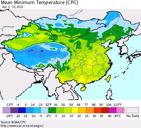 China, Mongolia and Taiwan Mean Minimum Temperature (CPC) Thematic Map For 4/4/2022 - 4/10/2022