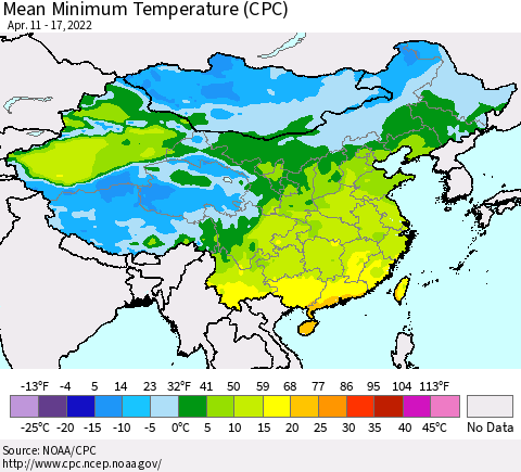 China, Mongolia and Taiwan Mean Minimum Temperature (CPC) Thematic Map For 4/11/2022 - 4/17/2022