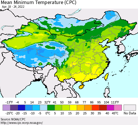 China, Mongolia and Taiwan Mean Minimum Temperature (CPC) Thematic Map For 4/18/2022 - 4/24/2022