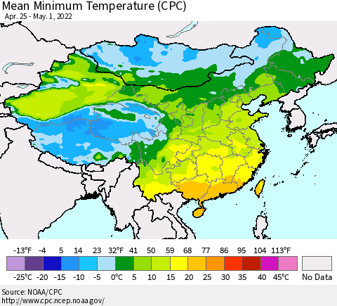 China, Mongolia and Taiwan Mean Minimum Temperature (CPC) Thematic Map For 4/25/2022 - 5/1/2022