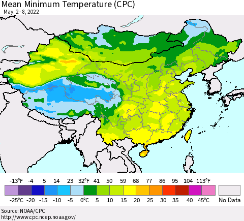China, Mongolia and Taiwan Mean Minimum Temperature (CPC) Thematic Map For 5/2/2022 - 5/8/2022