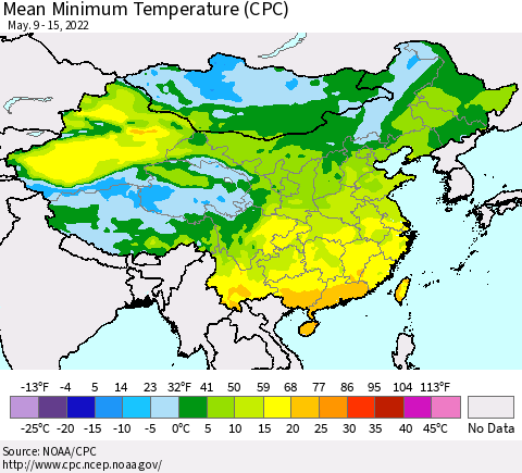 China, Mongolia and Taiwan Mean Minimum Temperature (CPC) Thematic Map For 5/9/2022 - 5/15/2022