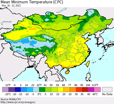 China, Mongolia and Taiwan Mean Minimum Temperature (CPC) Thematic Map For 5/16/2022 - 5/22/2022