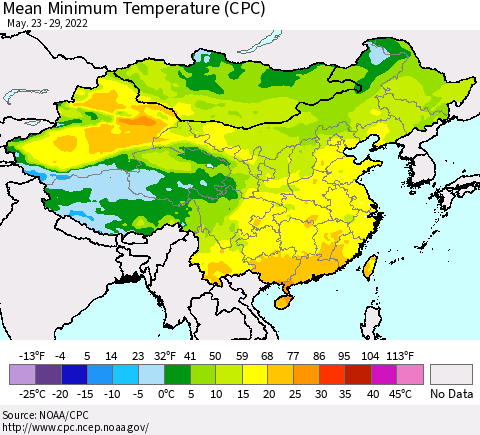 China, Mongolia and Taiwan Mean Minimum Temperature (CPC) Thematic Map For 5/23/2022 - 5/29/2022