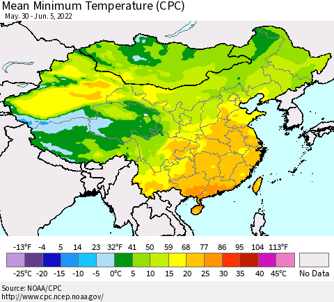 China, Mongolia and Taiwan Mean Minimum Temperature (CPC) Thematic Map For 5/30/2022 - 6/5/2022