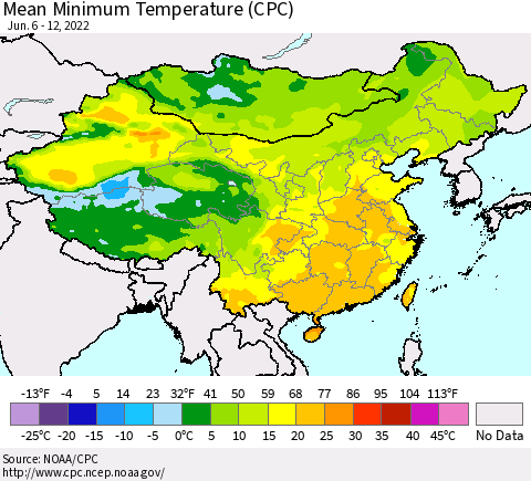 China, Mongolia and Taiwan Mean Minimum Temperature (CPC) Thematic Map For 6/6/2022 - 6/12/2022