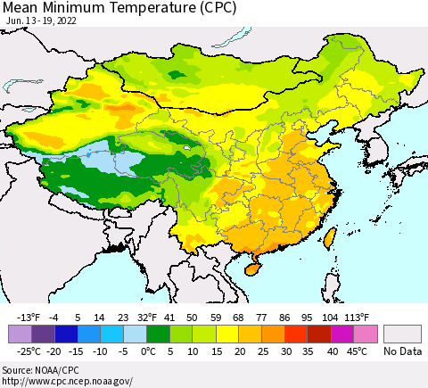 China, Mongolia and Taiwan Mean Minimum Temperature (CPC) Thematic Map For 6/13/2022 - 6/19/2022