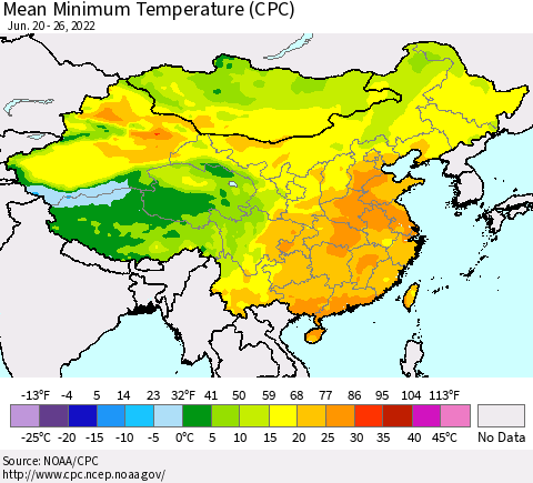 China, Mongolia and Taiwan Mean Minimum Temperature (CPC) Thematic Map For 6/20/2022 - 6/26/2022
