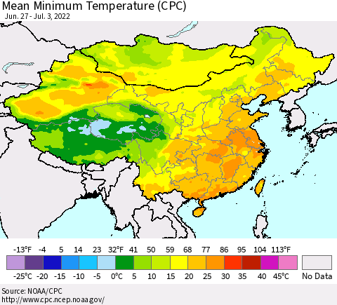 China, Mongolia and Taiwan Mean Minimum Temperature (CPC) Thematic Map For 6/27/2022 - 7/3/2022