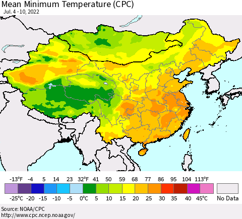 China, Mongolia and Taiwan Mean Minimum Temperature (CPC) Thematic Map For 7/4/2022 - 7/10/2022