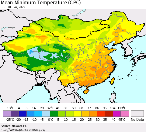 China, Mongolia and Taiwan Mean Minimum Temperature (CPC) Thematic Map For 7/18/2022 - 7/24/2022