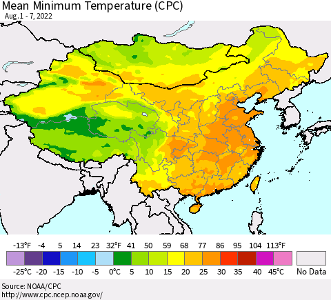 China, Mongolia and Taiwan Mean Minimum Temperature (CPC) Thematic Map For 8/1/2022 - 8/7/2022