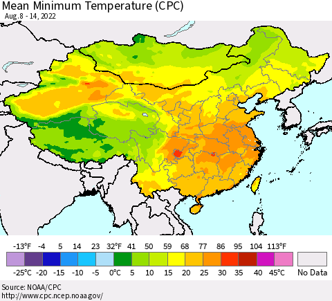 China, Mongolia and Taiwan Mean Minimum Temperature (CPC) Thematic Map For 8/8/2022 - 8/14/2022