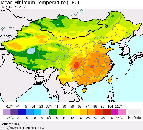China, Mongolia and Taiwan Mean Minimum Temperature (CPC) Thematic Map For 8/15/2022 - 8/21/2022