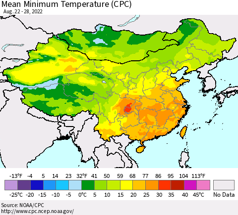 China, Mongolia and Taiwan Mean Minimum Temperature (CPC) Thematic Map For 8/22/2022 - 8/28/2022