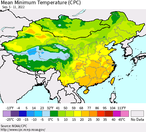 China, Mongolia and Taiwan Mean Minimum Temperature (CPC) Thematic Map For 9/5/2022 - 9/11/2022
