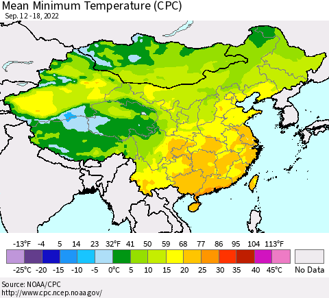 China, Mongolia and Taiwan Mean Minimum Temperature (CPC) Thematic Map For 9/12/2022 - 9/18/2022