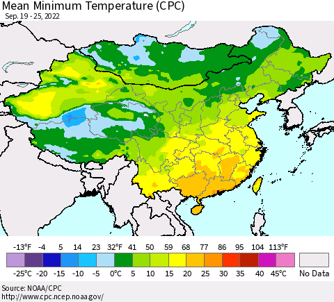 China, Mongolia and Taiwan Mean Minimum Temperature (CPC) Thematic Map For 9/19/2022 - 9/25/2022